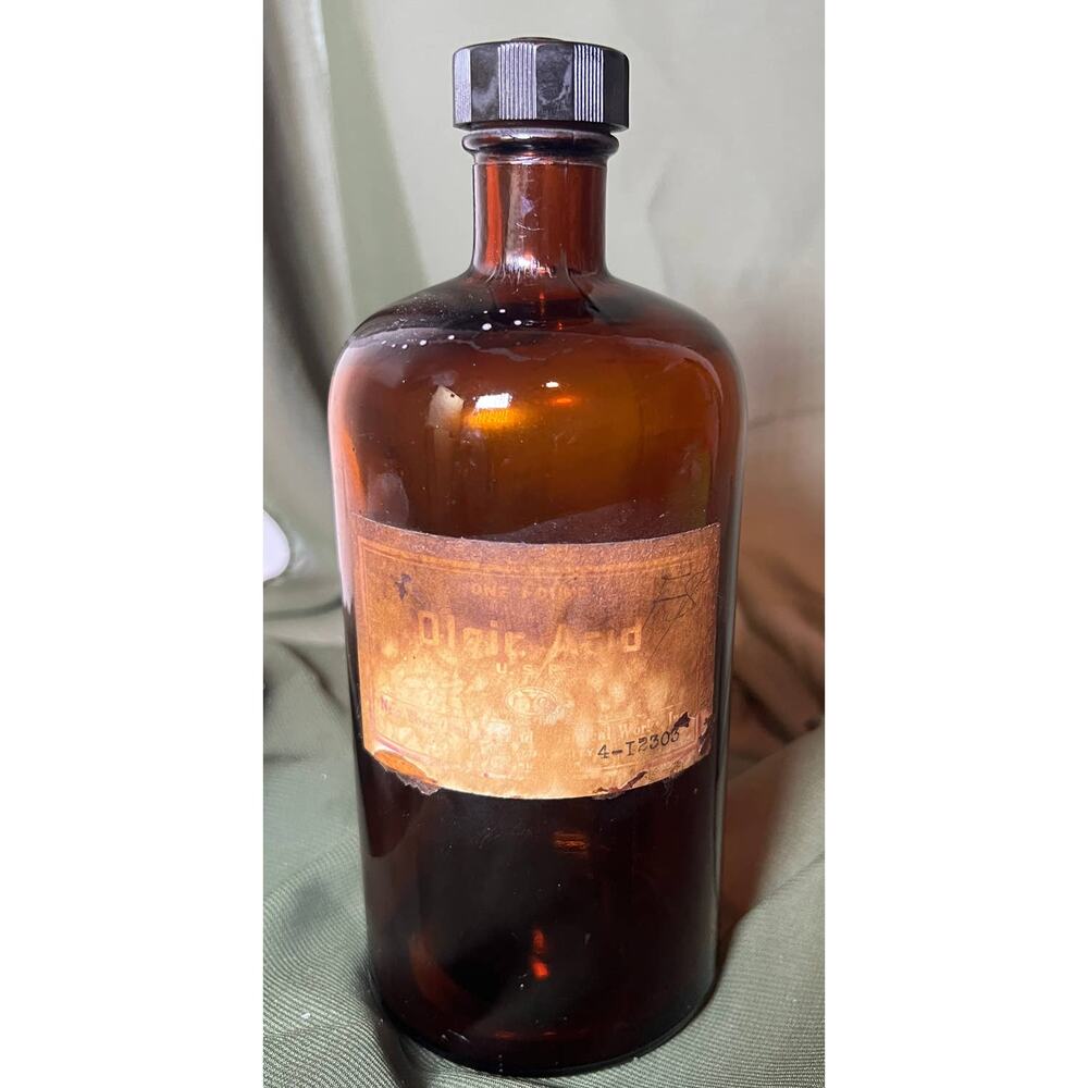 Antique Amber Glass Bottle Pharmacy NYQ Oleic Acid paper label 8"